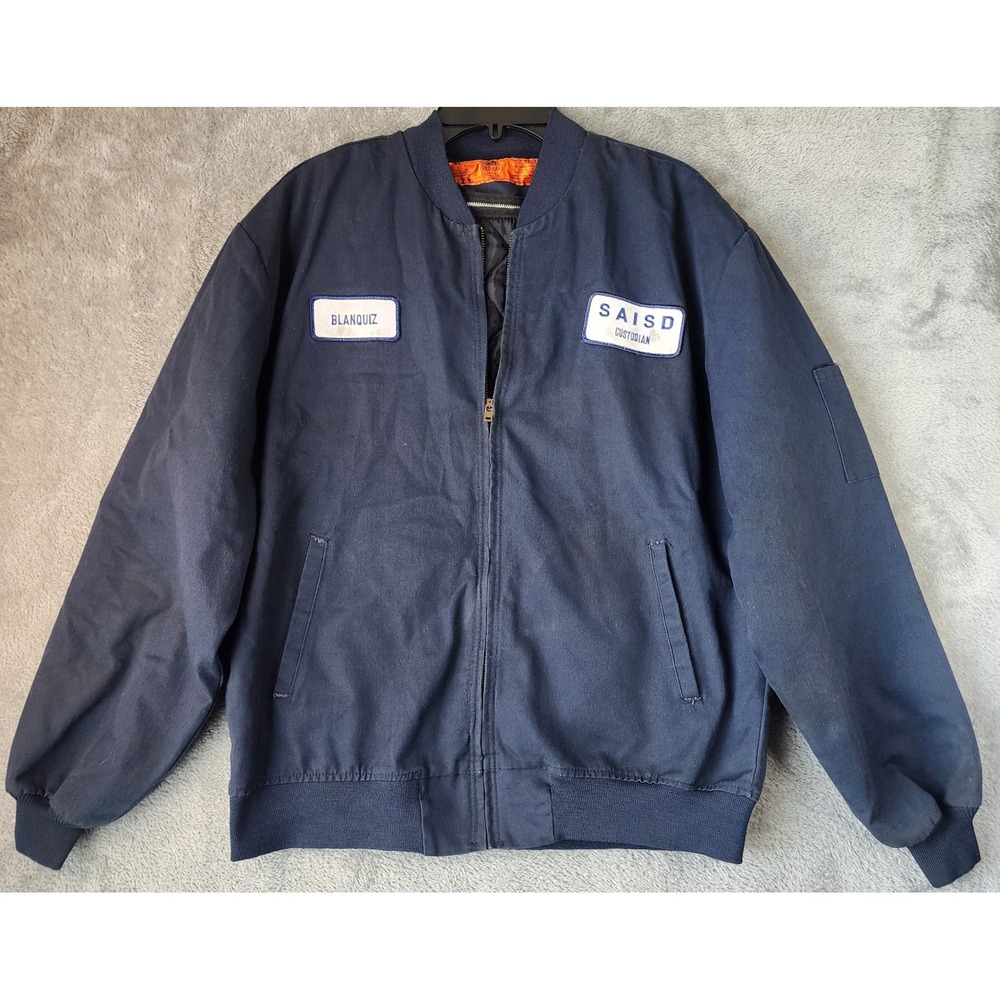 Red Kap Jacket Mens Large Navy Blue SAISD Custodian Patch Canvas Bomber Zip work